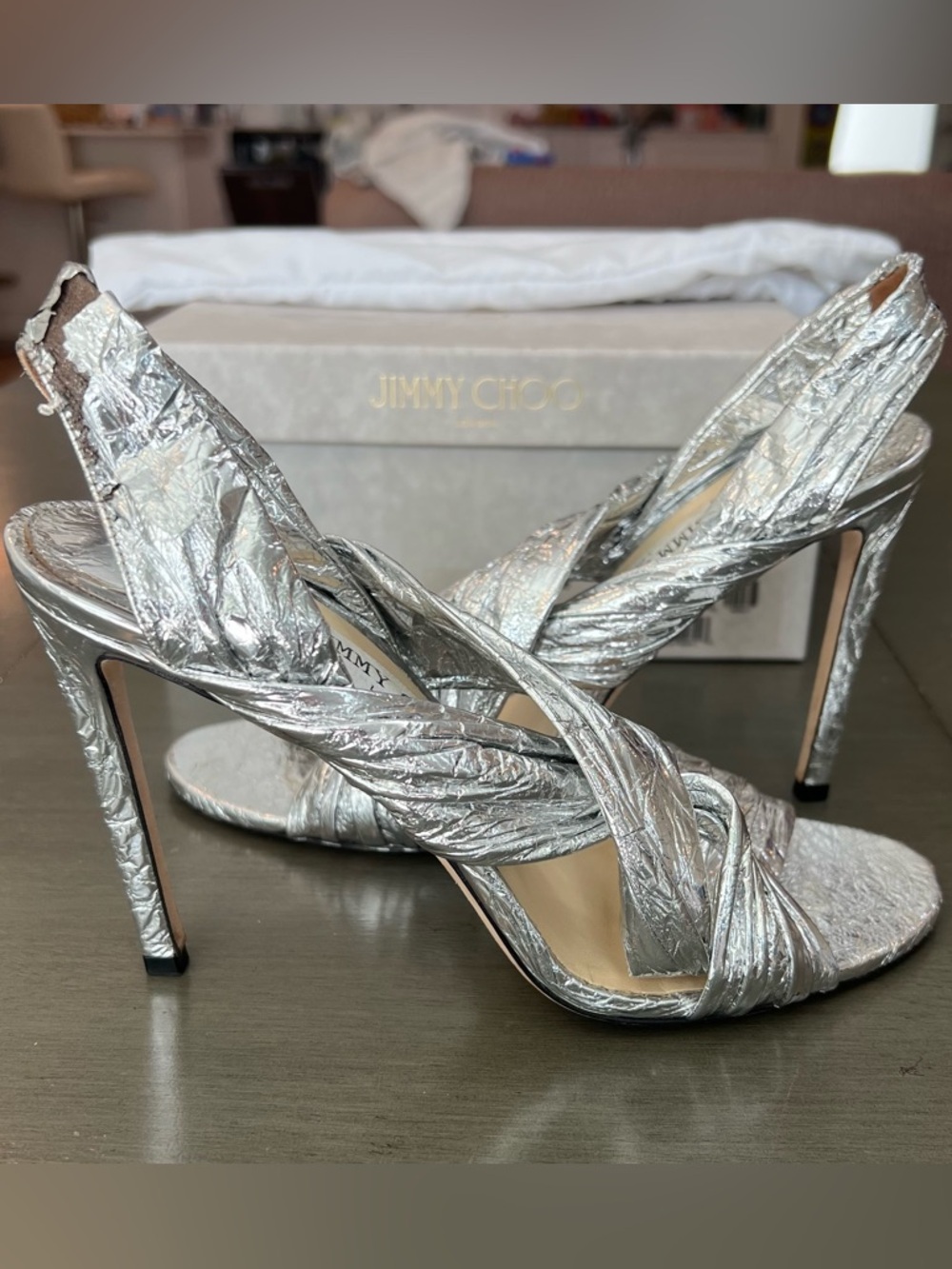 Jimmy Choo Silver Lalia 100 sling backs. Shoe Box and dust bag included. Size 39